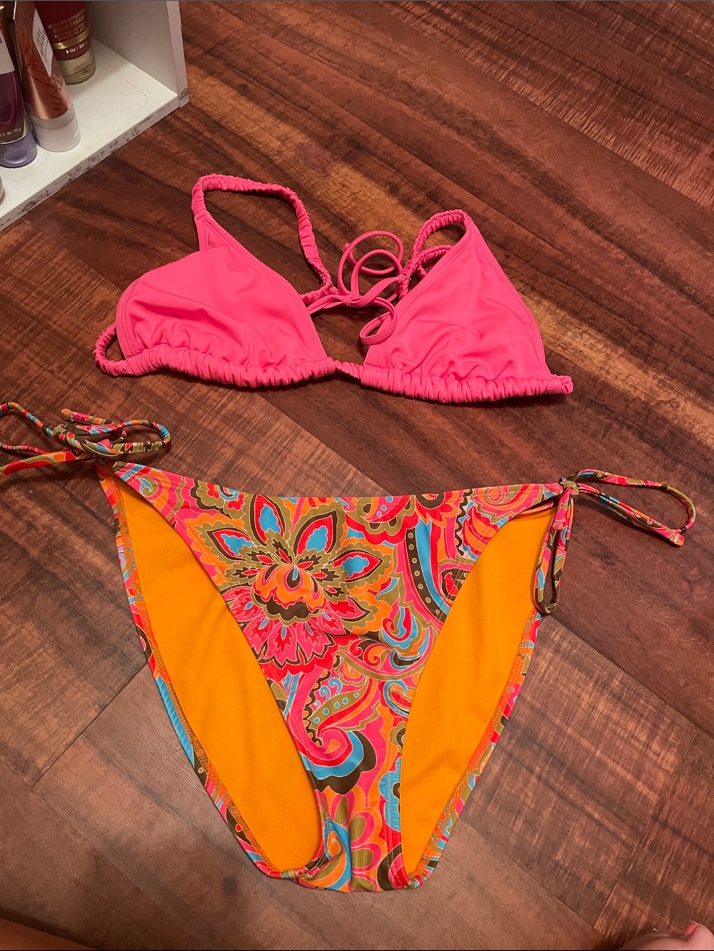 Girls' Bright Pink Triangle Bikini Top with Orange Floral Tie-Side Bottom